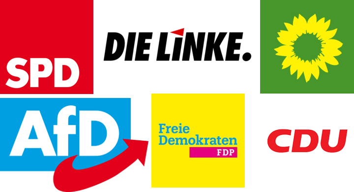 Logos der Parteien: SPD, Linke, Grüne, AfD, FDP, CDU